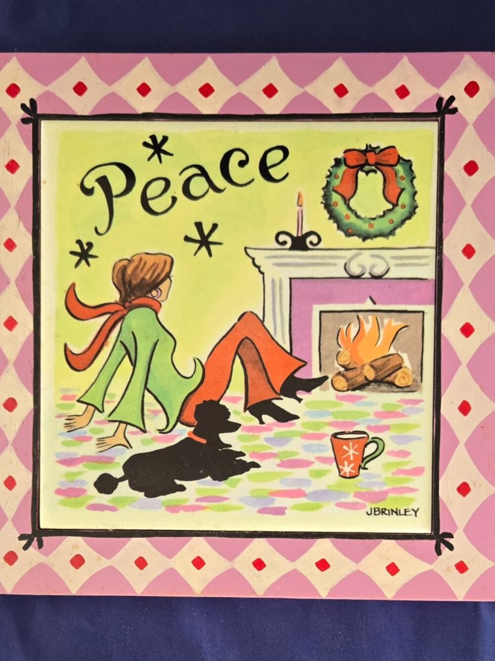 Holiday Trivet or hang on wall - Vintage Tile painted w/wooden frame PEACE